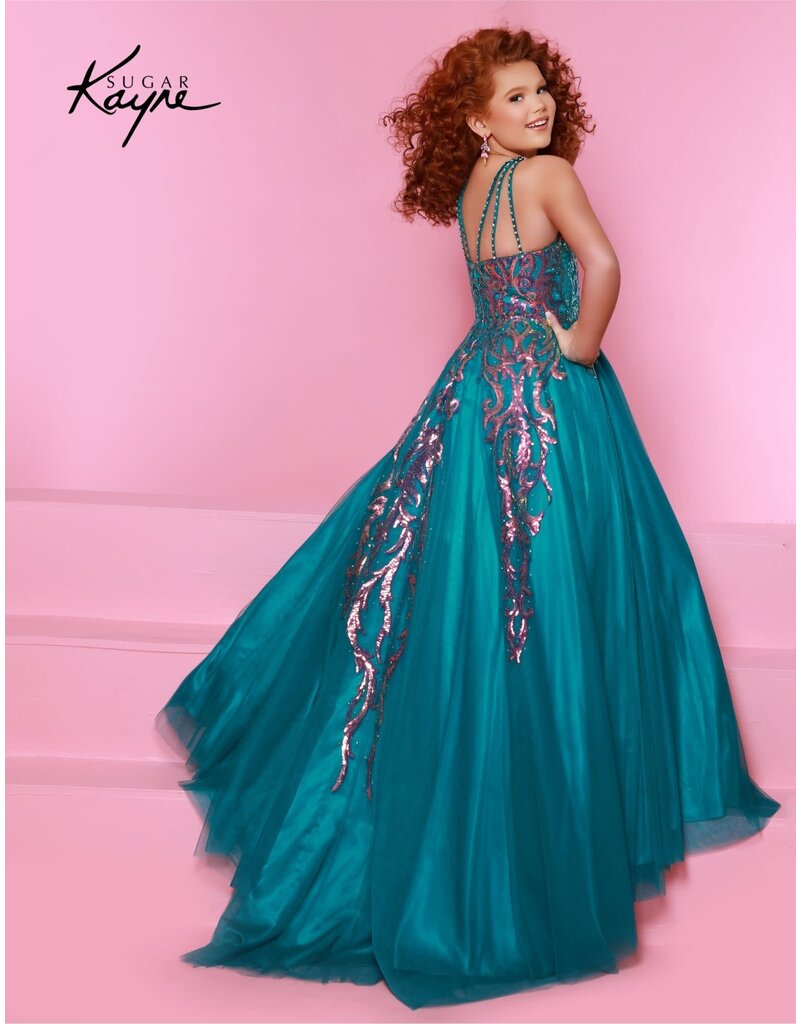 Sugar Kayne High neck sequin tulle a-line gown C344