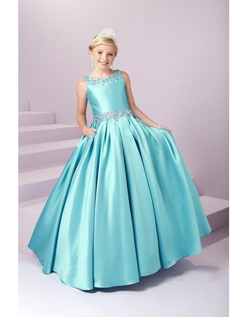 Beaded high neck satin ballgown w/pockets 13485