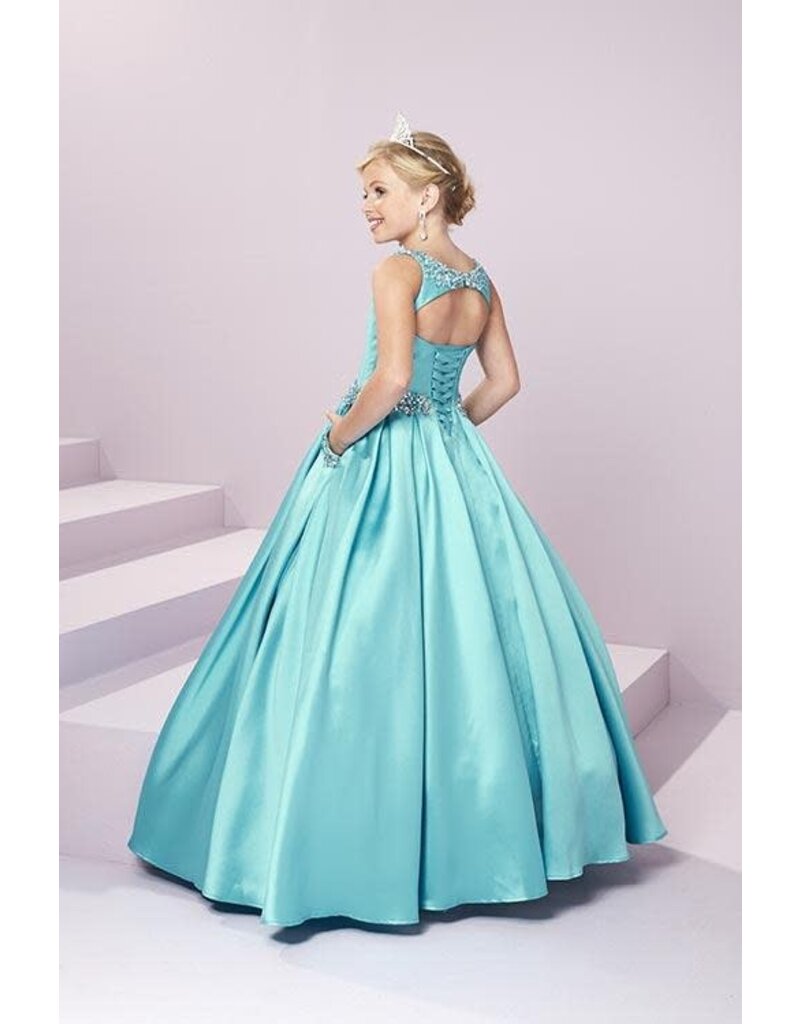 Beaded high neck satin ballgown w/pockets 13485