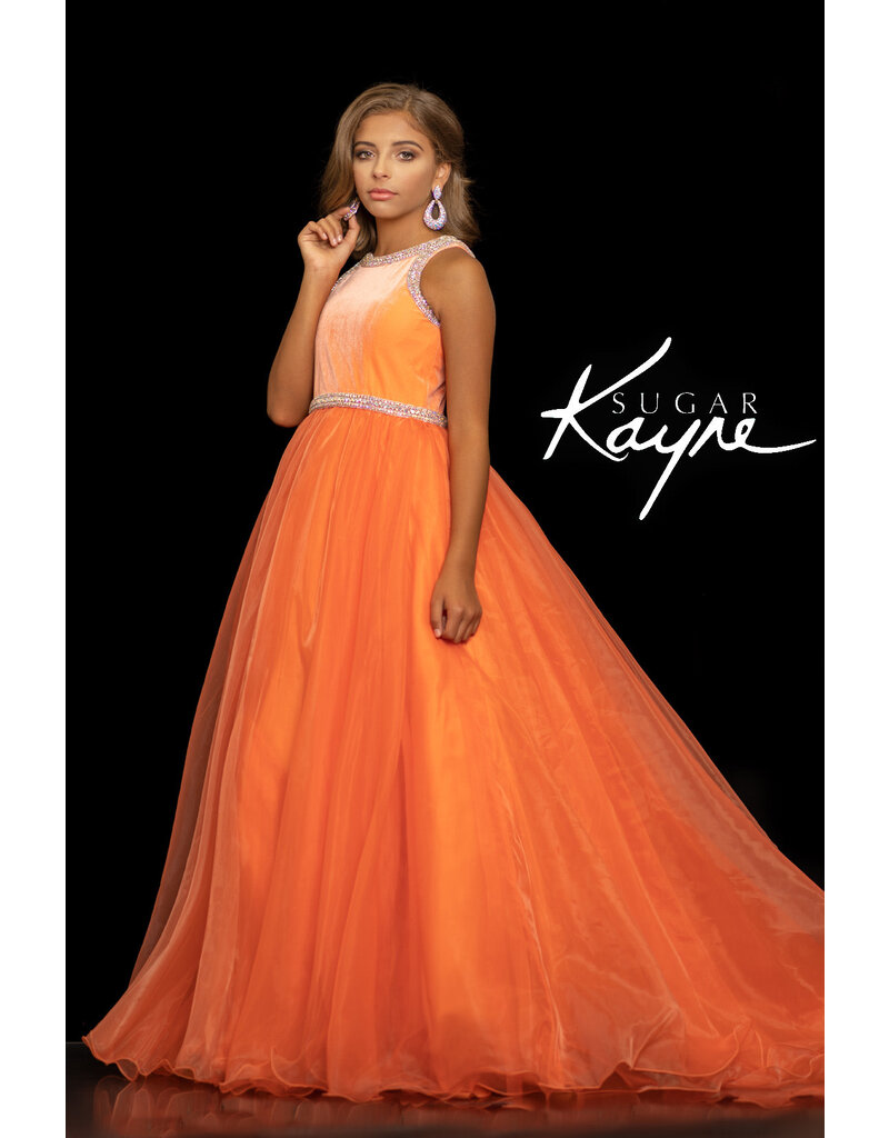 Sugar Kayne High neck velvet beaded waist ballgown C124