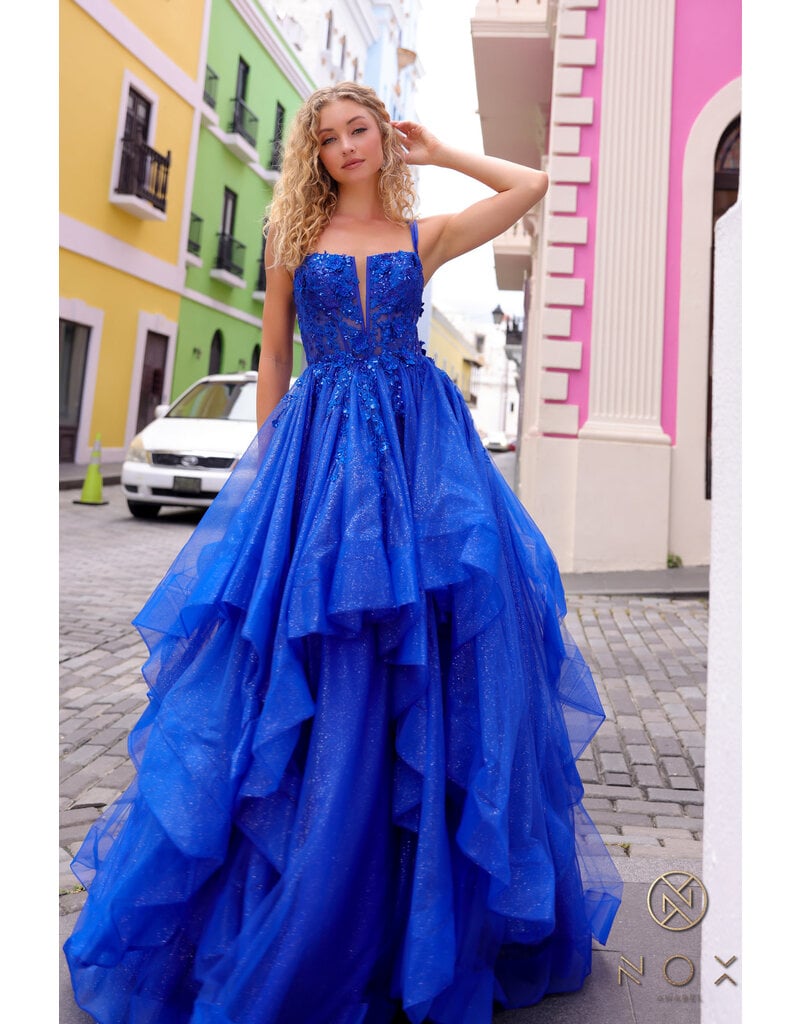 Spaghetti strap beaded bodice ruffle ballgown H1351