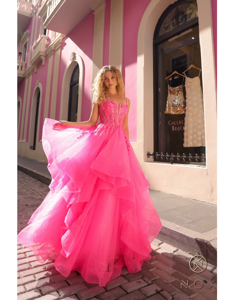 Spaghetti strap beaded bodice ruffle ballgown H1351