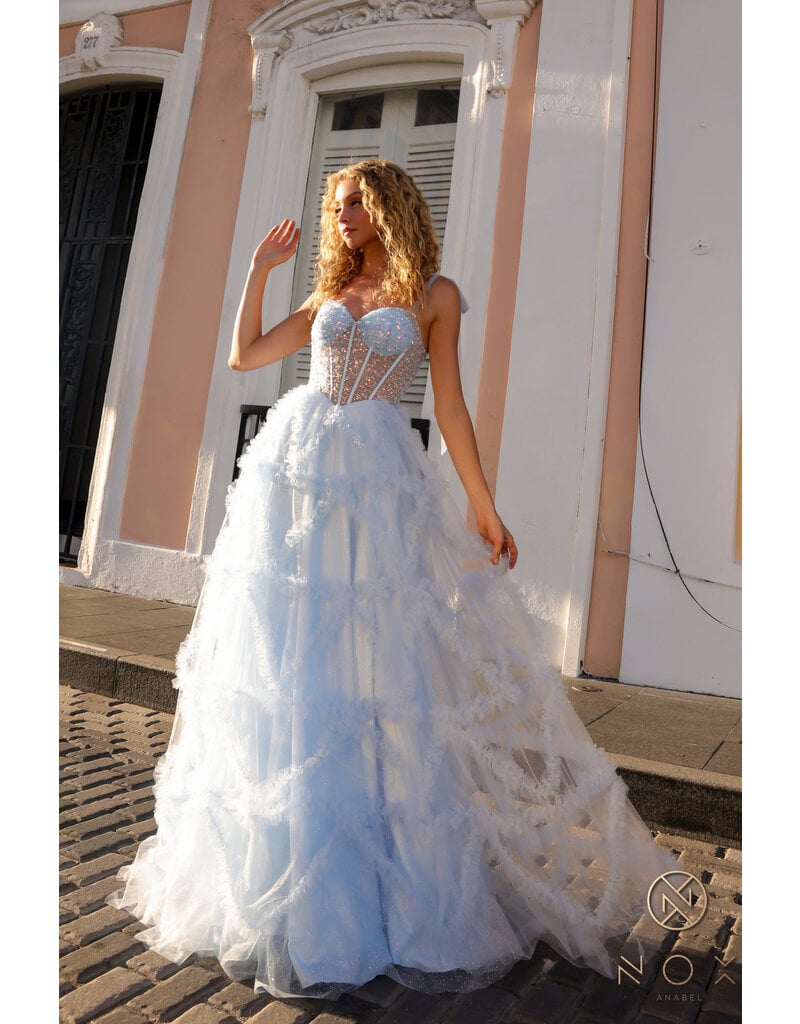 Beaded corset bodice ruffle ballgown T1340