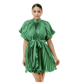 Highlight High neck pleated satin short dress 1258