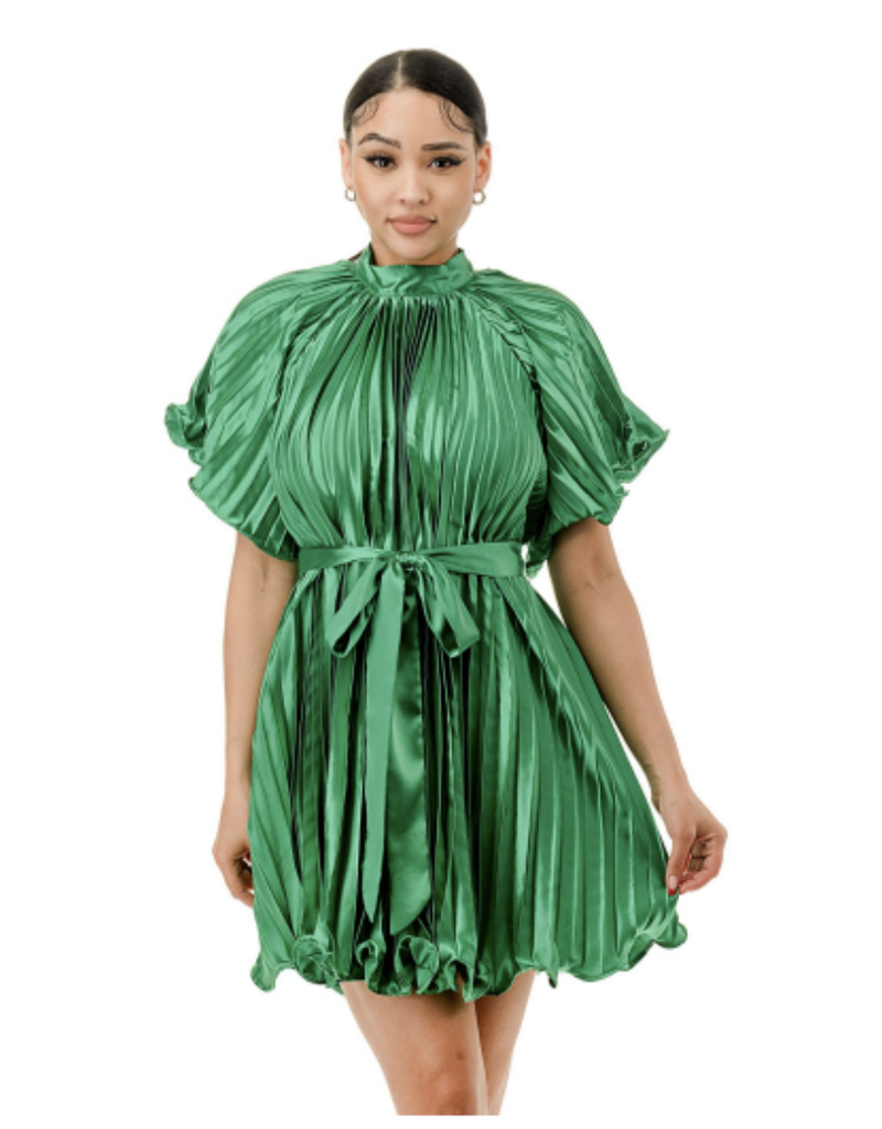 Highlight High neck pleated satin short dress 1258
