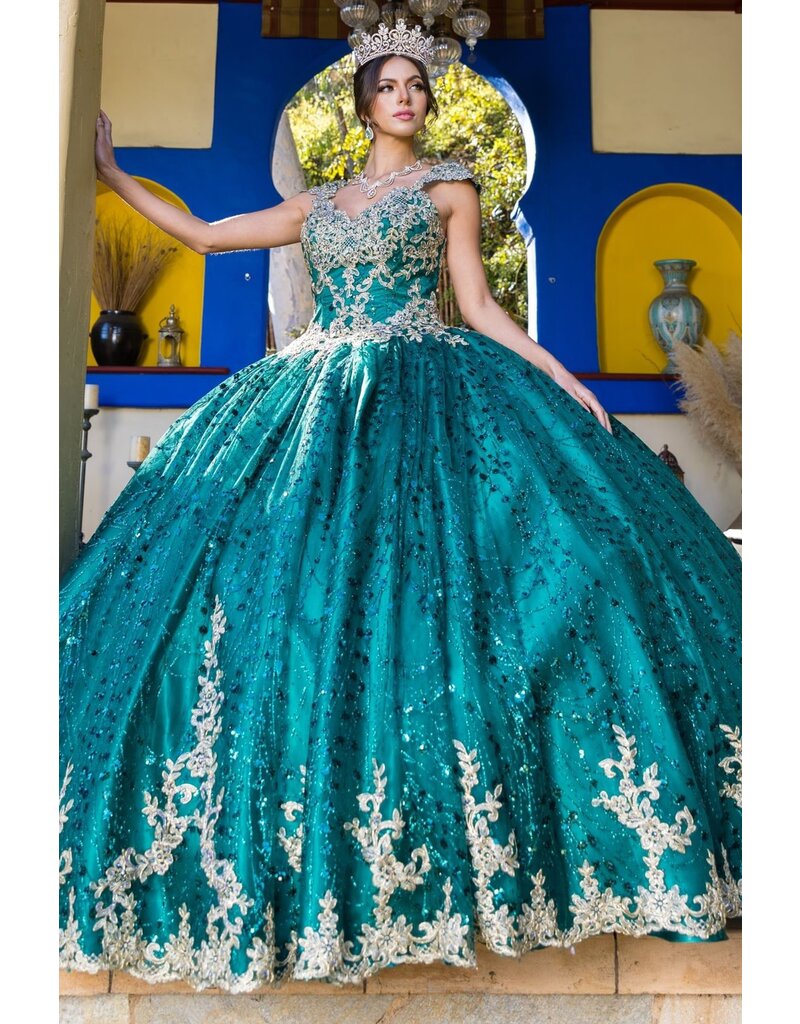 Cap sleeve embroidered bodice glitter ballgown 8024