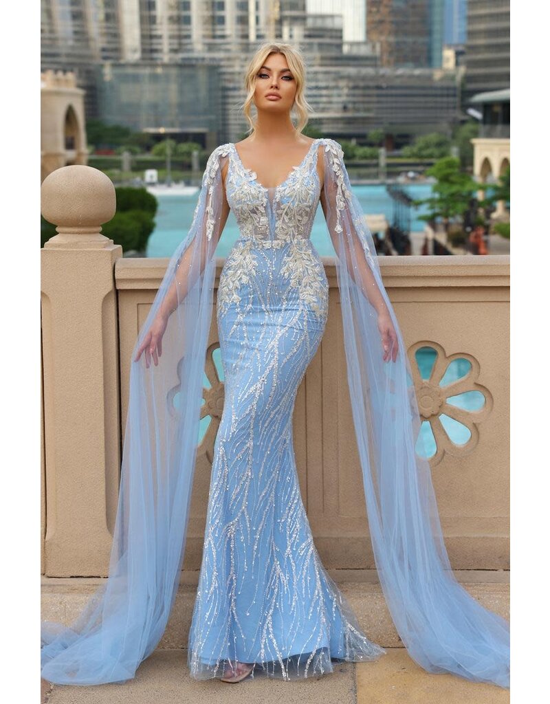 PORTIA & SCARLETT Beaded tank v-neck gown w/arm capes 22257