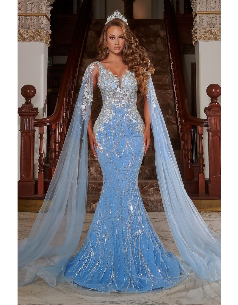 PORTIA & SCARLETT Beaded tank v-neck gown w/arm capes 22257