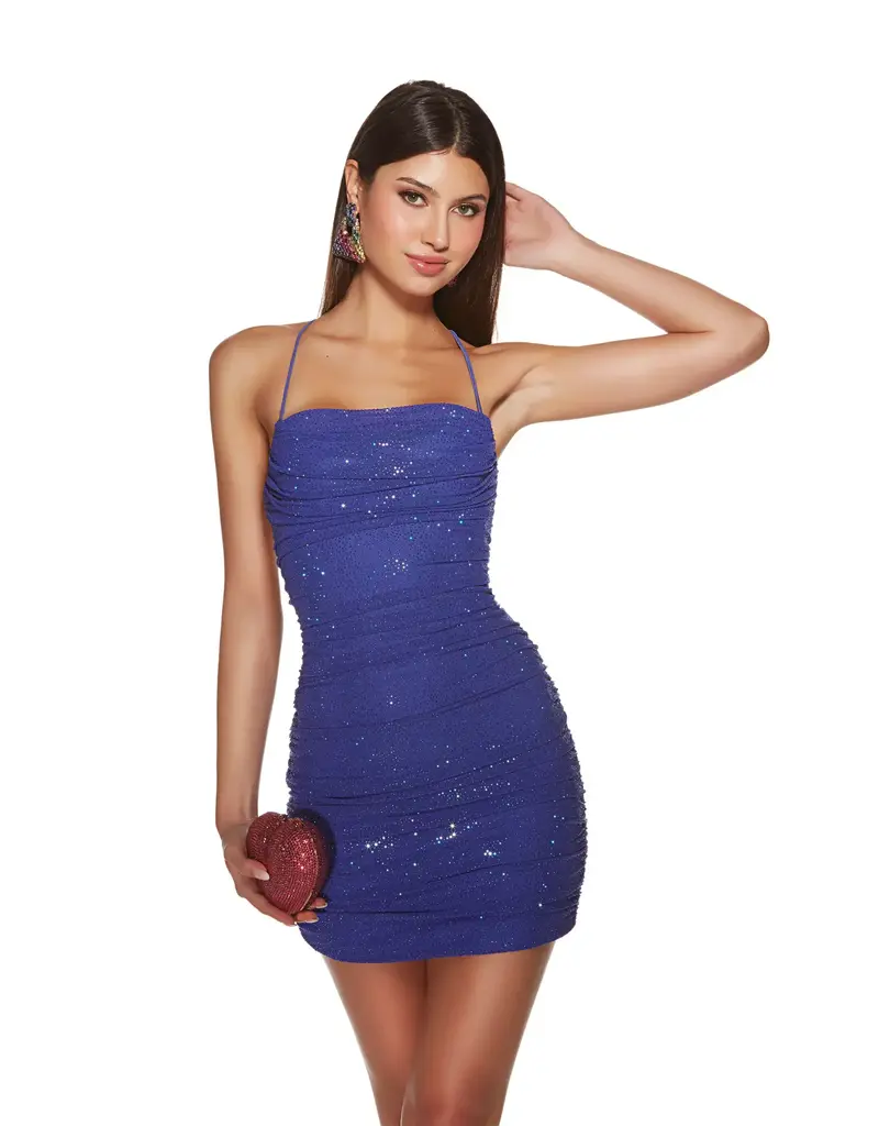 Spaghetti strap rouched glitter jersey short gown 4836
