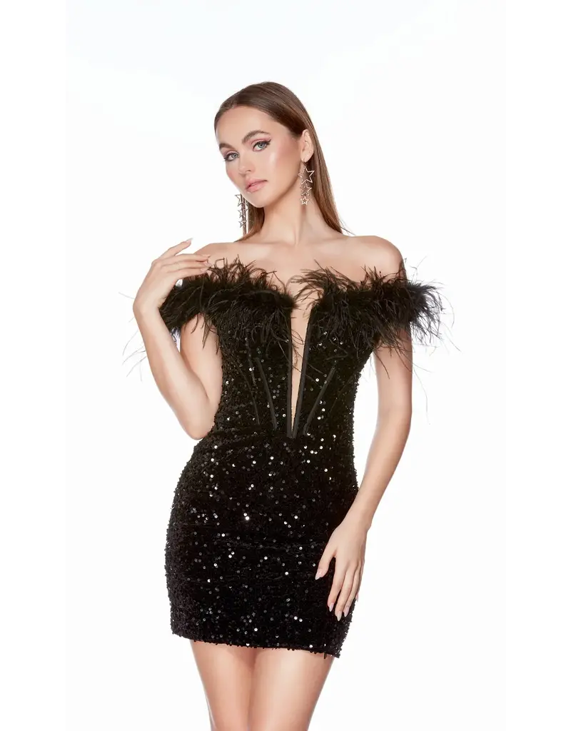 Off the shoulder feather sequin corset bodice gown 4798