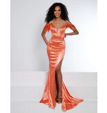 Spaghetti strap beaded fitted gown w/leg slit and feathers 23230