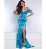 Spaghetti strap beaded fitted gown w/leg slit and feathers 23230