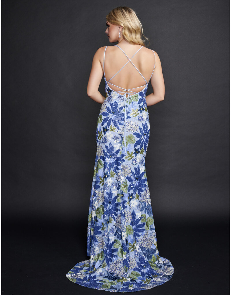 SEQUIN FLORAL GOWN W/ LEG SLIT 3225