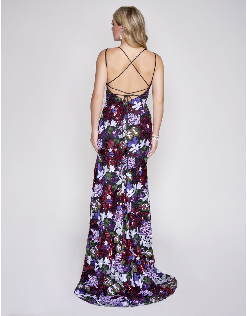 SEQUIN FLORAL GOWN W/ LEG SLIT 3225