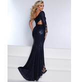 One shoulder long sleeve sequin cut out fitted gown 23225
