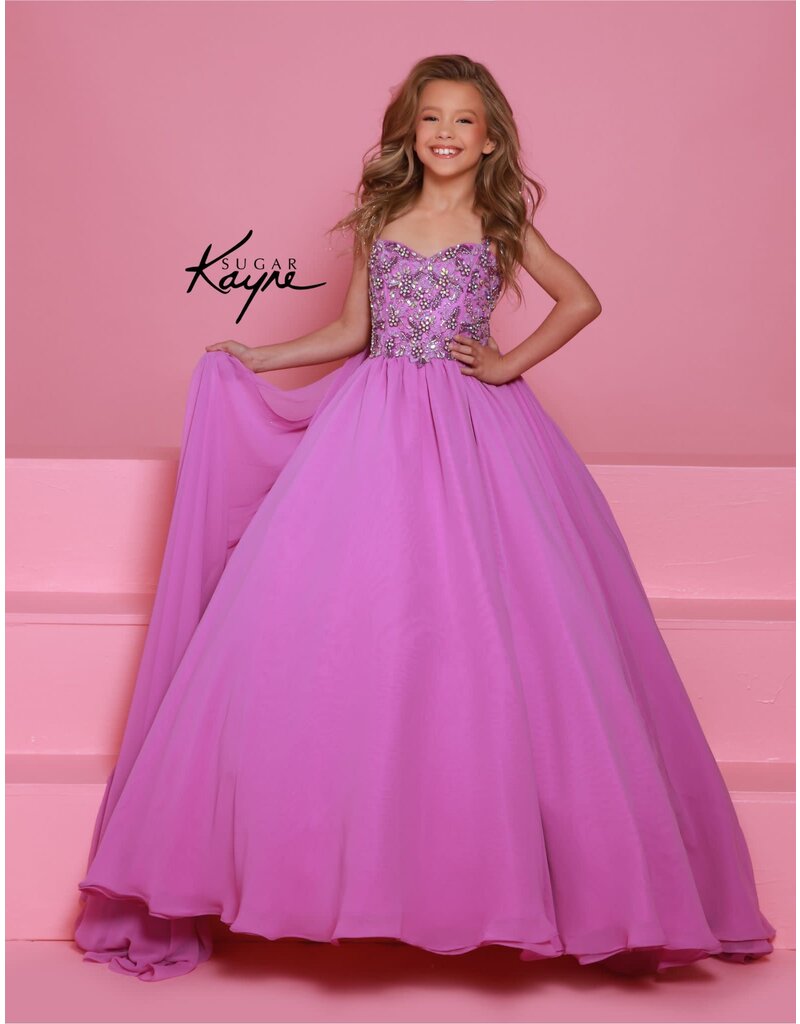 Sugar Kayne Beaded spaghetti strap bodice chiffon ballgown C368