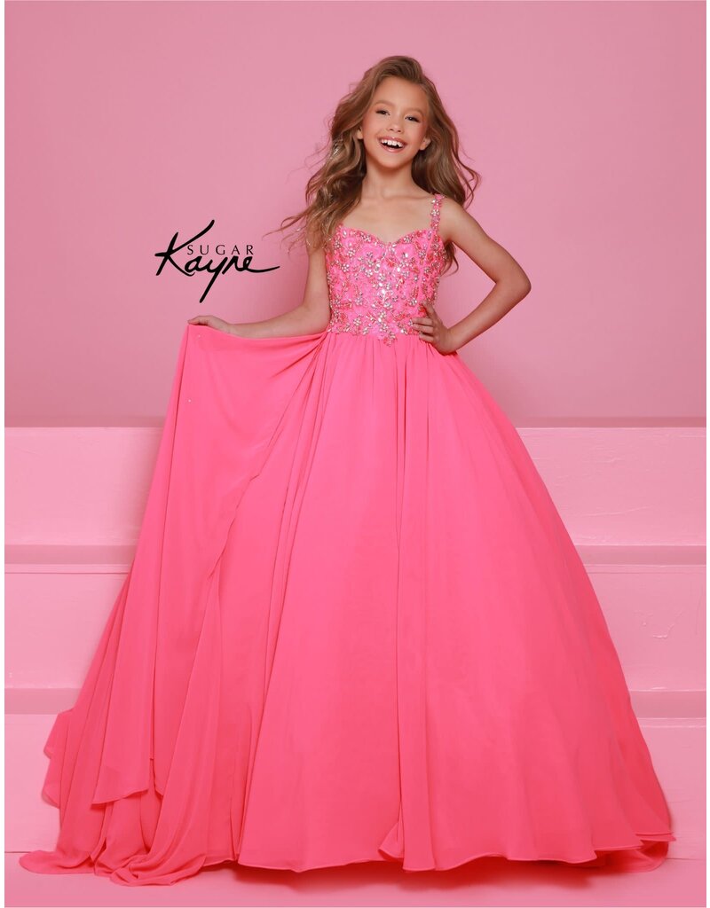Sugar Kayne Beaded spaghetti strap bodice chiffon ballgown C368