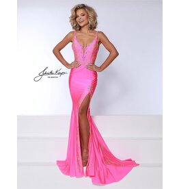 Neon beaded fitted jersey gown w/ leg slit 3004