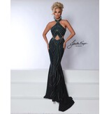 Beaded high neck fit and flare gown w/cut outs 3026