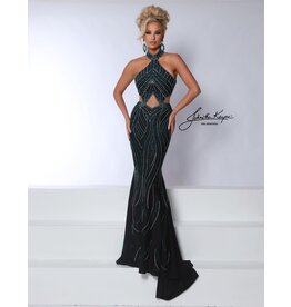 Beaded high neck fit and flare gown w/cut outs 3026
