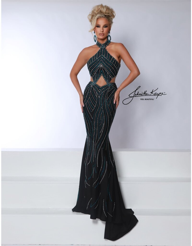 Beaded high neck fit and flare gown w/cut outs 3026