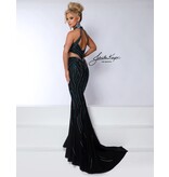 Beaded high neck fit and flare gown w/cut outs 3026