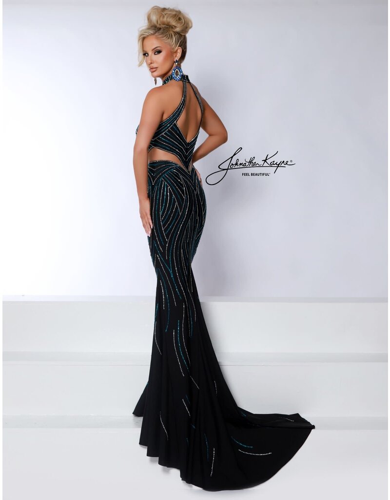 Beaded high neck fit and flare gown w/cut outs 3026