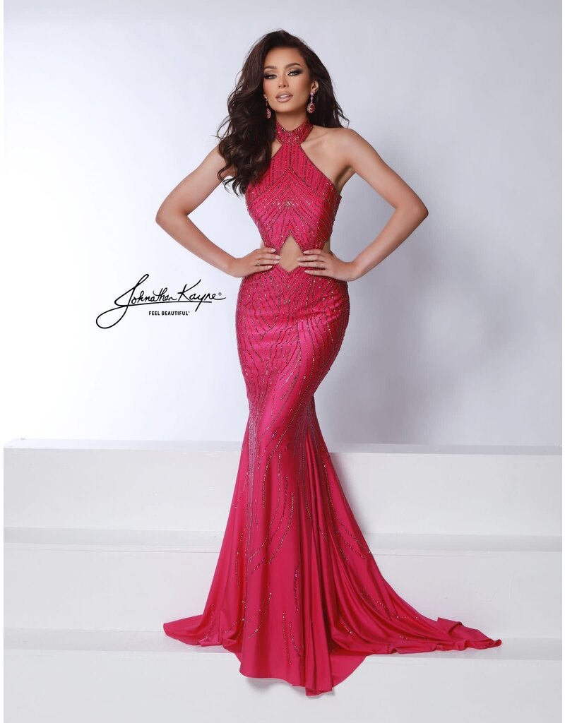 Beaded high neck fit and flare gown w/cut outs 3026
