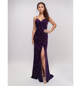 Spaghetti strap velvet sequin fitted lace up back gown 5302