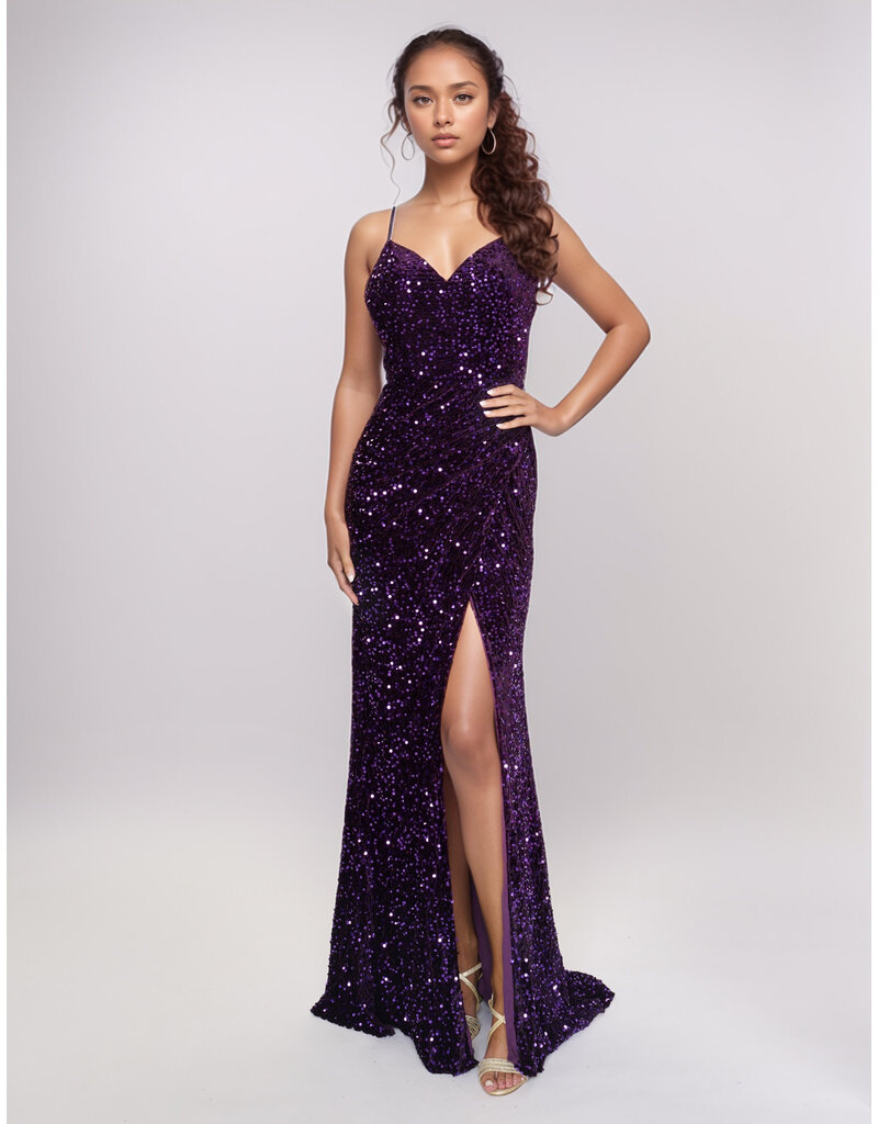 Spaghetti strap velvet sequin fitted lace up back gown 5302