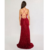 Spaghetti strap velvet sequin fitted lace up back gown 5302