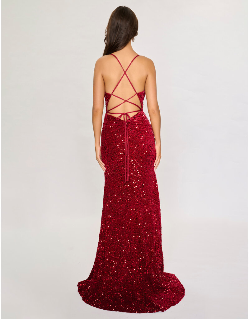 Spaghetti strap velvet sequin fitted lace up back gown 5302