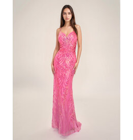 Spaghetti strap sequin fit and flare sheer side gown 7609