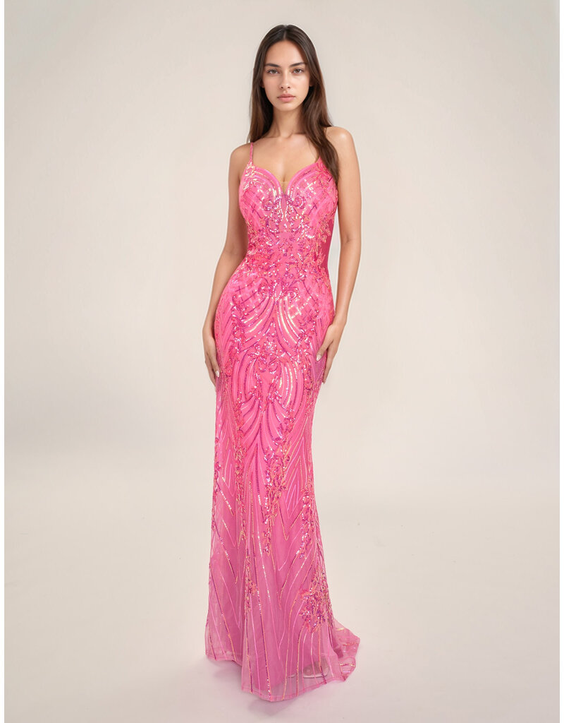 Spaghetti strap sequin fit and flare sheer side gown 7609