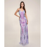 Spaghetti strap sequin fit and flare sheer side gown 7609