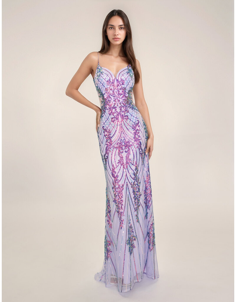 Spaghetti strap sequin fit and flare sheer side gown 7609
