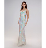 Spaghetti strap sequin fit and flare sheer side gown 7609