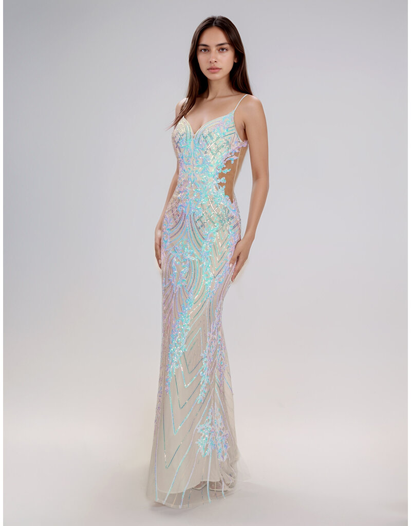 Spaghetti strap sequin fit and flare sheer side gown 7609