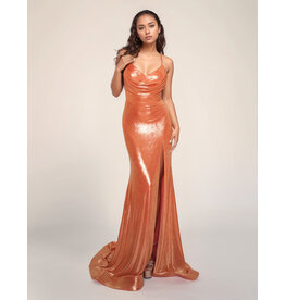 Spaghetti strap fitted shimmer jersey lace up gown 7604