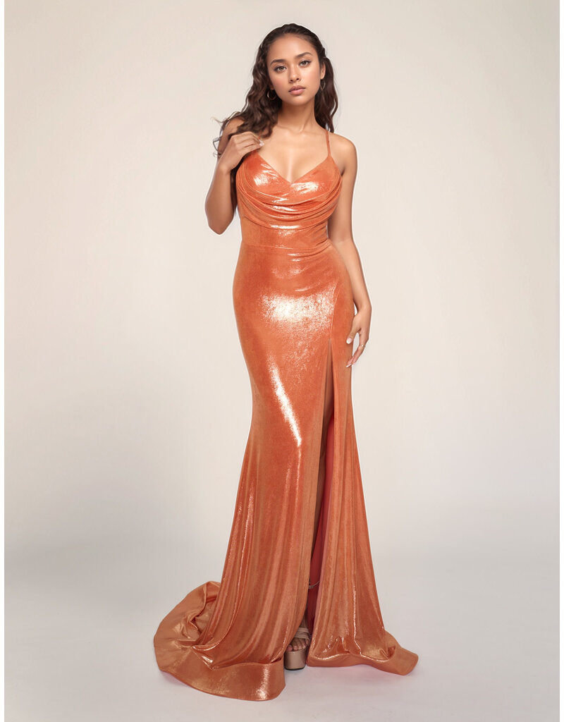 Spaghetti strap fitted shimmer jersey lace up gown 7604