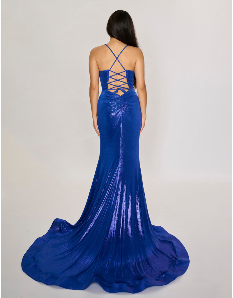Spaghetti strap fitted shimmer jersey lace up gown 7604
