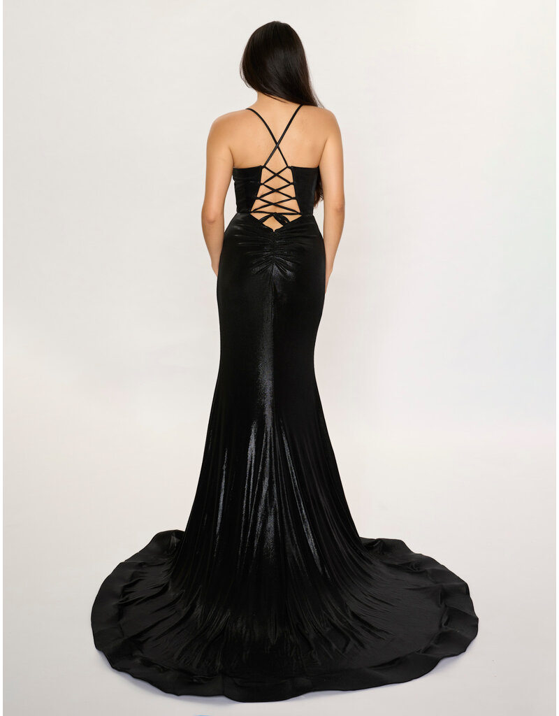 Spaghetti strap fitted shimmer jersey lace up gown 7604