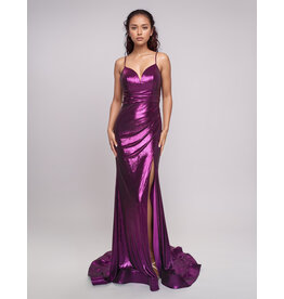 Spaghetti strap shimmer jersey v-neck fitted gown 7605
