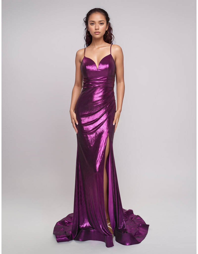 Spaghetti strap shimmer jersey v-neck fitted gown 7605