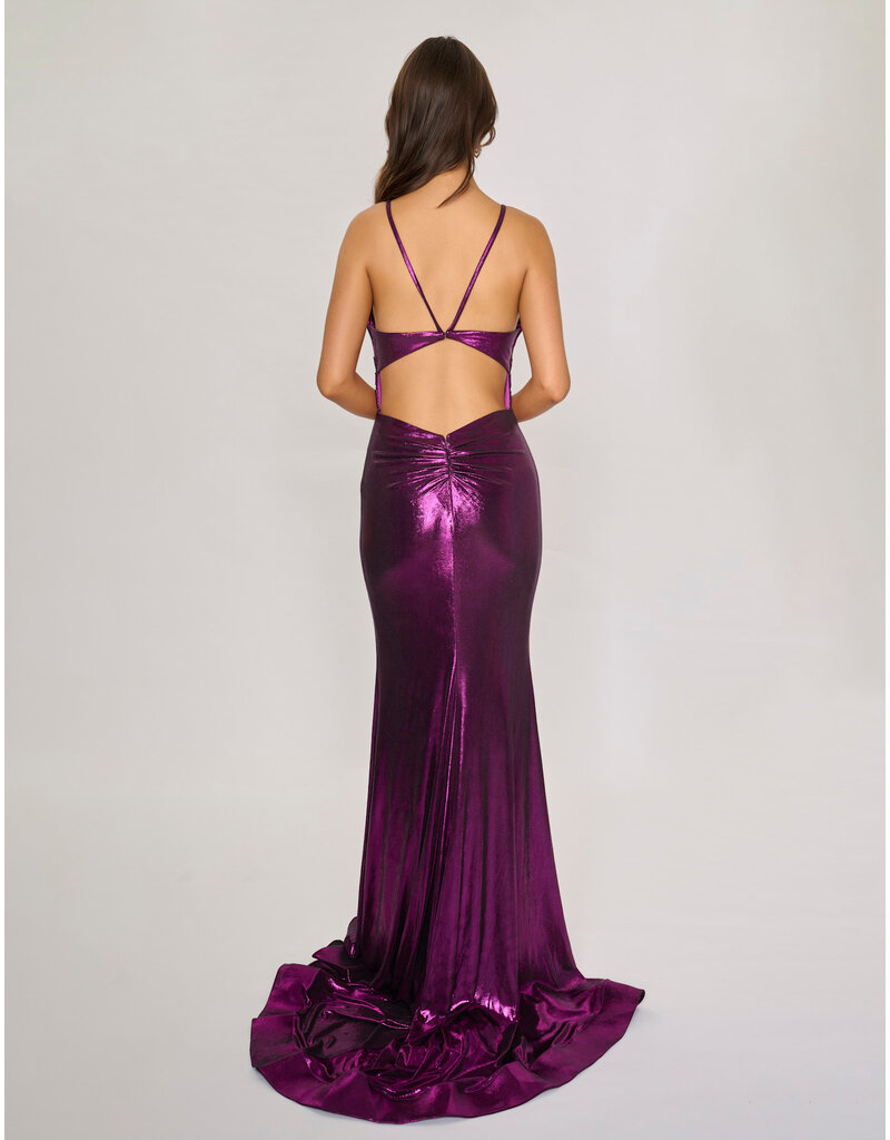 Spaghetti strap shimmer jersey v-neck fitted gown 7605