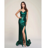 Spaghetti strap shimmer jersey v-neck fitted gown 7605