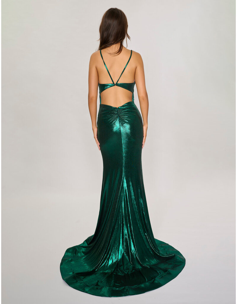 Spaghetti strap shimmer jersey v-neck fitted gown 7605