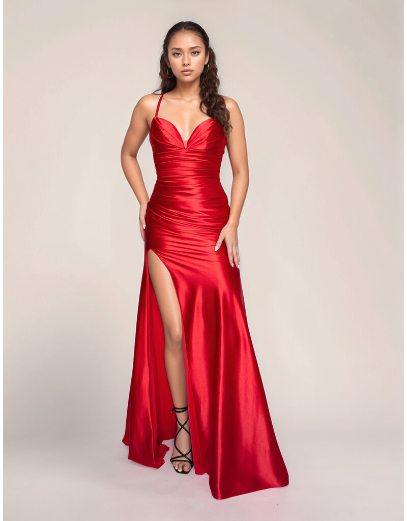 Spaghetti strap rouched fitted lace up back gown 4426