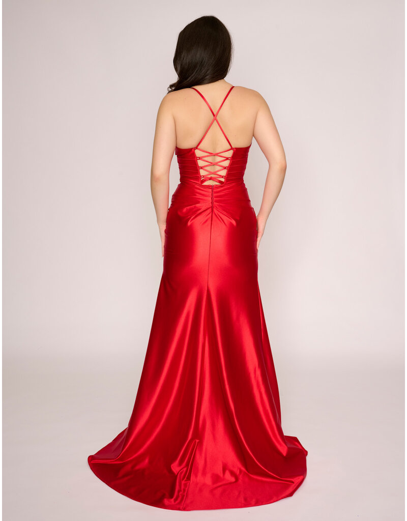 Spaghetti strap rouched fitted lace up back gown 4426