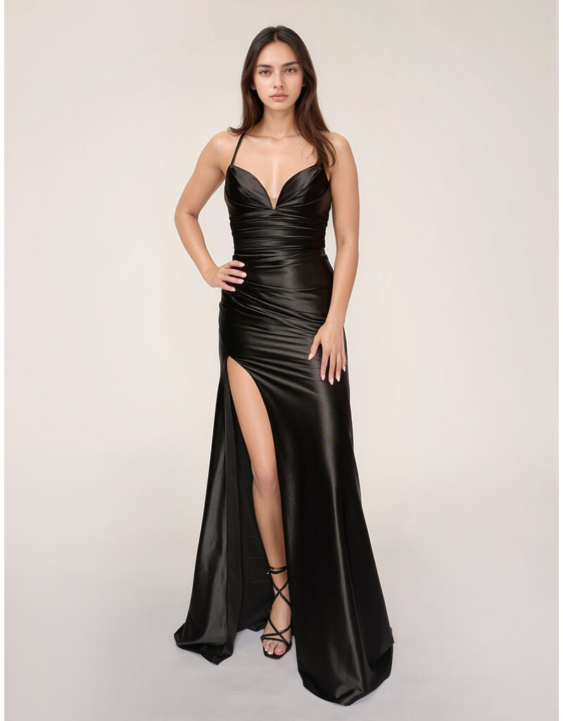 Spaghetti strap rouched fitted lace up back gown 4426